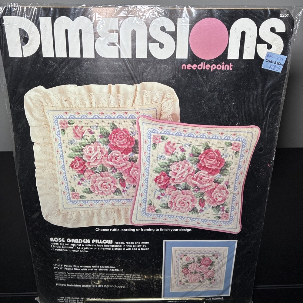 Vtg Dimensions Needlepoint Pillow Kit Rose Garden Pink Cottagecore 80s Romantic